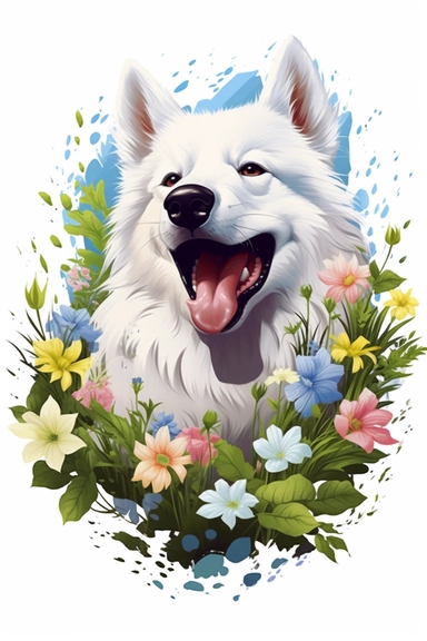 white background, dog, 3d, super closeup, sticker, photorealistic, artwork of t shirt graphic of majestic forest, in digital painting style , beautiful flowers, sunset mountains and clouds , big vines, plants sorround, highly detailed clean, vector image, photorealistic masterpiece, professional photography, realistic, flat white background, isometric, vibrant vector, clipart, illustration, realism, 4k, , cinematic, front view, paradise, extremely white background