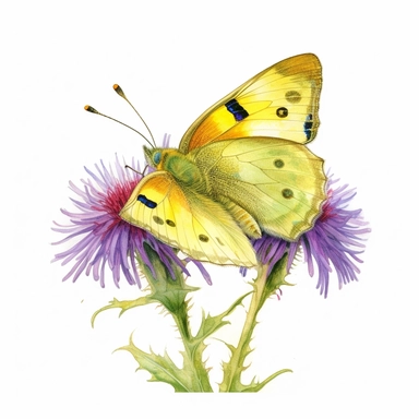 Clouded yellow butterfly on a flower, Watercolor clip art, high quality image, soft pastel, cinematic, dramatic, ultra realism, 4k, very detailed, white background