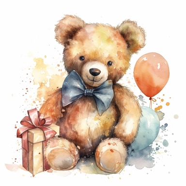 Illustrate a whimsical watercolor clipart of a giant teddy bear with a giant bow, rendered in delicate watercolor shades and textures, adding an extra dose of charm to the birthday theme, on a white background.