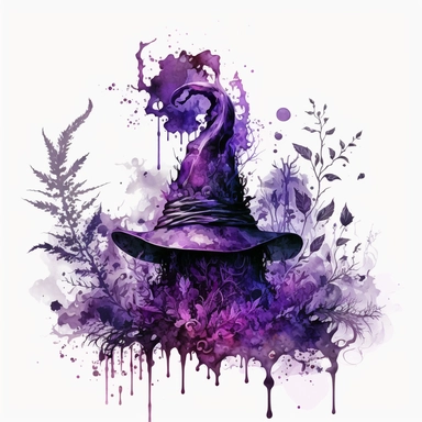 wet on wet watercolor, intense purple witchhat with evil demon and hell depiction, plants, clipart, mysterious, detailed,witchcore, in the style of realism with fantasy elements, intense purple colour,I can't believe how beautiful this is, white background