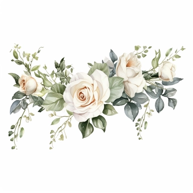 Adorable watercolor retro garland of different sises of white roses for wedding invitation, watercolor clipart, high quality clipart, no background, high details