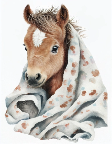 baby horse in a blanket, watercolor clipart, transparent background,
