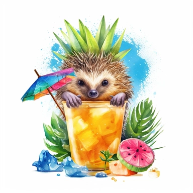create a clipart featuring a cute prickly hedgehog illustration, vibrant colors, watercolor, summer vibes, beach, Hawaiian vibes, cocktail drink, fruits, detailed, minimal, against a white background