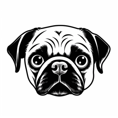 Simple outline of a front - facing crooked head happy Pug dog head peeking with front paws, cute clipart, flat 2d vector, minimalist, black and white, kids cartoon, svg cut file, line art drawing, white isolated background