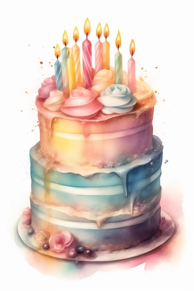 amazing detailed watercolor clipart of a beautiful detailed pastel colored birthday cake, no caption, solid white background, cinematic light lighting, hyper-detailed, 8k, high resolution, symmetrical, full shot photograph, insanely detailed and intricate, beautiful, elegant, glamour, watercolor, cinematic