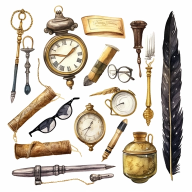 watercolour Collection of golden vintage accessories and antique objects. Old keys, clock, loupe, compass, ink feather pen, scissors, glasses isolated on white background. Clip art