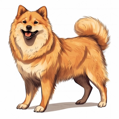 Cute Happy face Beautiful Finnish Spitz Dog Is Standing Full body Vector Sublimation Clipart,Cartoon, hyper realistic, intricate detail, illustration style,high solution,on the white background