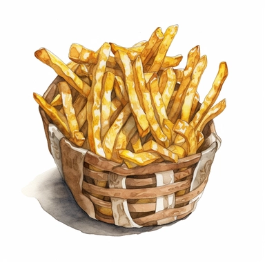 A captivating watercolor, hyper - realistic clipart image with a white background and white margins, portraying a basket of crinkle - cut fries. The ultra - detailed, hand - drawn elements capture the distinct crinkle shape and texture of the fries. Use bold shades of yellow and brown to create a visually enticing image that showcases the nostalgic appeal of this childhood favorite