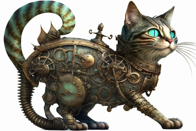 clipart, A beautiful cat with a steampunk-style mechanical fish in its paws, hd, on white background,