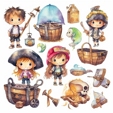Watercolor pirates cute illustrations clipart set, simple, soft colors, cartoon elements, different variants, cute little pirate boy and girl pirate ship, pirate treasure chest, daggers, swords, pirate glag, skulls, billybones,, wooden elements, loot,, separate elements with a margin