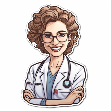 portret a happy woman doctor, sticker, style by Lusy Fleming, folk art, watercolor, clipart elements, smooth gradients, black contour outline, ultra detailed, white background, super clear, high quality