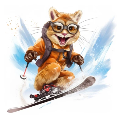 A squirrel wearing ski gear, skiing down a snowy mountain slope with excitement on white background clipart