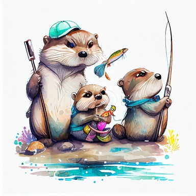 funny otter family going fishing big fish, CLIPART, watercolor, ink, ultra-detailed, bright pastel colors, cartoon style, white background, black outside lines –testp,