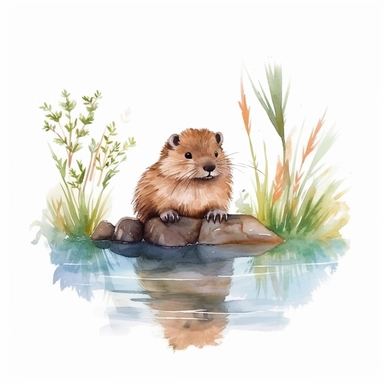 woodland animal cute baby beaver swimming in pond watercolor clipart detailed