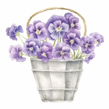 Design a dreamy watercolor clipart of japanese-inspired metal wire basket filled with a Bouquet of delicate violet flowers symbolizing loyalty and devotion composition, hand-painted with soft and graceful brushstrokes. Draw inspiration from the artistic finesse of Ethereal Petals Watercolors for a refined and ethereal depiction. isolated on a white background, hand-drawn illustration, hand-painted watercolor texture, 16k UHD resolution, intricately detailed, sharp focal points, designed by Ana V