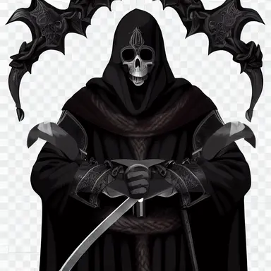 medieval character concept, black cloaked mercenary wielding a massive two handed sword, representing death, png, png cut out, dark blacks, intricate detail, symmetrical design clipart,