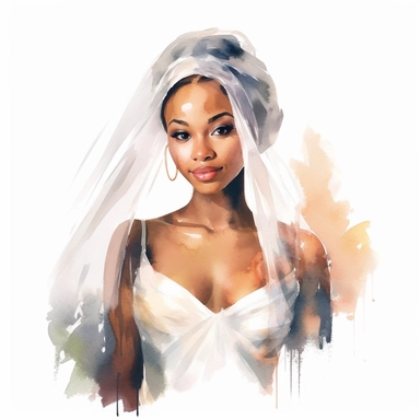 watercolor style, african american beautiful bride with veil clipart, isolated on white background, hd