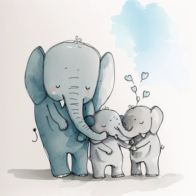 watercolor and ink drawing of a portrait of a family of three happy elephants, one mom elephant, one dad elephant, one baby elephant, clipart, embracing each other, cute pose, cartoon, doodle, happy, smiling, beautiful watercolor ink wash coloring, thick pencil lines, Quentin blake, Adrian tomine, popular on etsy, watercolor illustrations clipart, watercolor illlustrations for kids and children, book illustrations, plain white background