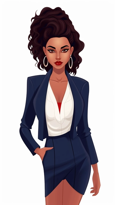 full-body perspective 2d lined clipart of a pretty woman wearing a navy skirt suit and matching shoes, business-like attire, white background,