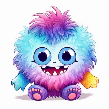 whimsical kawaii chibi fluffy colorful monster with big eyes, big teeth cartoon clipart on white background with margins, watercolor, icon, sticker, vivid colors, full colors, and details, 32k, 3d