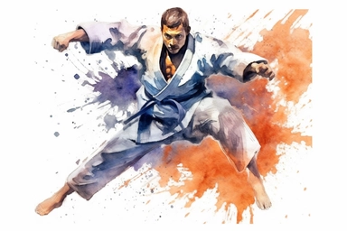 Watercolor, Create a picture of a judo fighter executing a well-executed throw clipart, hd, on a white background, spaced out