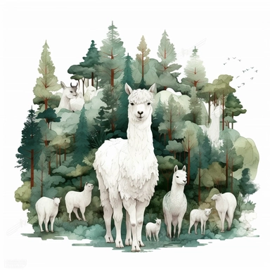 • collage quirky cool collage forest alpaca Vicugna pacos clipart, detailed, clean line, hd, on white background, spaced out