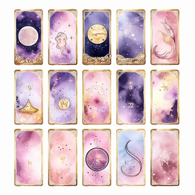 Tarot Cards, in the style of watercolor illustrations, pink and gold, soft lilac, magical and mystical, galaxy elements, modern minimal watercolor, on white background, clipart