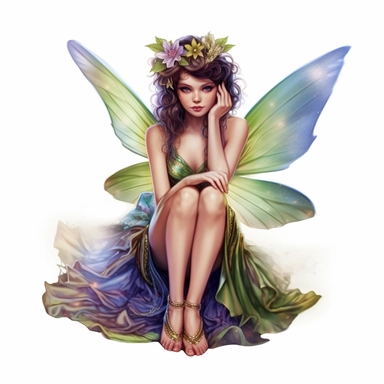 cartoon woman dressed as a fairy with wings and matching dress, kneeling, eyes focused on camera, full body, colors of green purple gold and blue, glamorous realistic and detailed, watercolor, white background with margins, clipart style