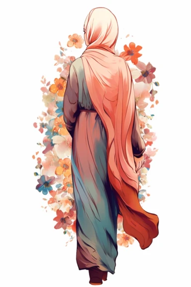 Hijabi woman back full body view clipart illustration, no face is seeing, muslim lady clipart, veiled woman clipart, floral lady hijab clipart , spring colors, digital illustration style,