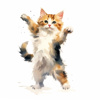 A happy kitten dancing, watercolor painting by JOHN SINGER SARGENT, clipart, white background