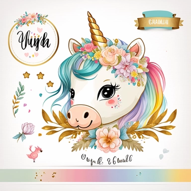 cute unicorn in chibi style with flowers in hair, colourful rainbow colours, well lite, with name plate ribbon with gold trim, watercolor clipart using procreate grain brush, svg white background