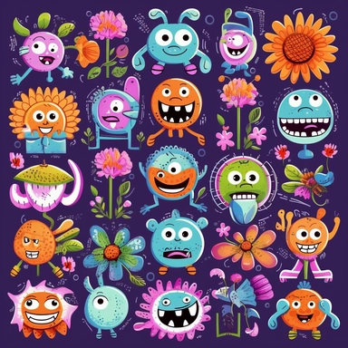 icon flowers monsters with sports activities at the clip art