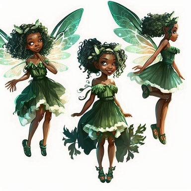 cute mixed race fairy girl flying toward the camera, watercolor clipart green dress, multiple poses, character model, realistic, tyra banks - - ar 3 : 2 - - 4b