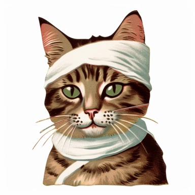 Vintage 1920 tabby cat with one eye closed & bandage Illustration, Chromolithograph, 1920s Illustration, Vintage, Chromolithograph, Colorful, Antique, Ephemera, Clipart, 8k, Isolated on white