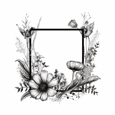 modern, minimalistic set of wildflowers in the shape of one giant simple square frame with a huge opening in the middle, in the style of black and white handdrawning on a clean white background, wedding clipart