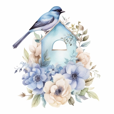 Watercolor bird house shaped tag with light blue florals white background clipart