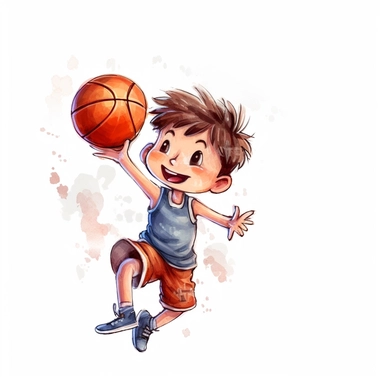 cute Watercolor cartoon basketball player shooting hoops, clipart, white background