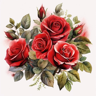 red roses flower bouquete with leaves, in watercolor style, white background, ultra highly detailed, 18k, sharp focus, bright photo with rich colours digitally enhanced, enhanced graphics, straight, sharp focus, bright lighting, intricate detailed png image, high definition, 300dpi, graphic clipart, computer graphics