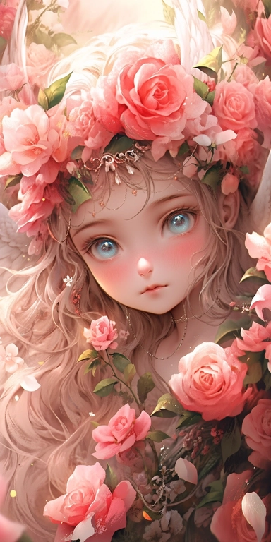 Watercolor beautiful wild roses fantasy, Angel girl with beautiful face and big eyes with flowers, angel wing, chibi kawaii animated style, vivid vibrant colors, intricate detail, hyper detailed, hyper quality, 32K, unreal engine, isolated on white background, kawaii, clipart