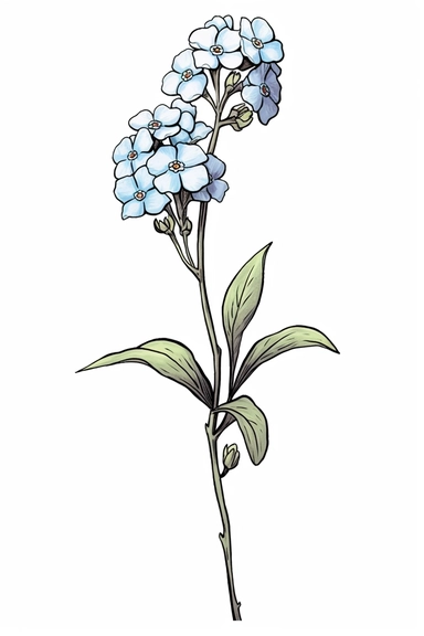 line drawing clipart of a single forget me not in black and white, coloured in