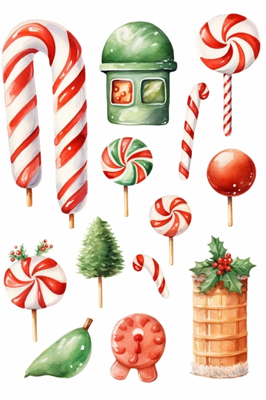 watercolour of a variety of Christmas Candies and cookies. Red and Green Gumdrops, Candy Canes, Peppermints, ginger breads, ribbon candy, clipart variations, simple, vector, 8k