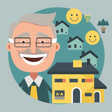 Create a clipart illustration featuring a happy business man holding cash money and he has a contagious smile. There are houses behind him and a few elderly people looking towards him with amazement. the art is in a minimalistic style but still distinguishable. There are only 3 colors that are used in it: a bright yellow with hexcode FFFF00, black, and dark grey