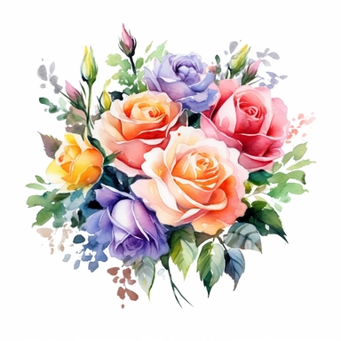 watercolor painted bouquet of mixed colored roses clipart, Flower Border clipart, Minimalist Flower Bouquet clipart, mixed colored roses Clipart roses painting formal glamour elegant style wedding floral bouquet, wedding clipart include babys breath flowers in the bouquet 4