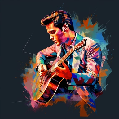 portrait view, full view, beautiful bright colors, beautiful image of Elvis Presley with guitar and microphone, romantic, fantasy, sharp focus, high detail, 8k illustration clipart style, transparent background, (--iw 8)