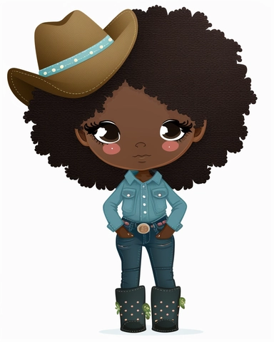 Denim girl clipart, cowboy hat, wearing black knee high boots, Denim clipart, Fashion girl clipart, Jeans Girl Clipart, African American clipart, Afro girls clipart--seed 2829693263,