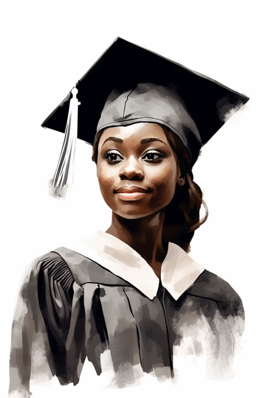 vector image watercolor drawing of dark skinned woman wearing a black and white cap and gown on graduation day clipart, front view, in style of Michiel van Huysum, subtle faded color variations, hyper-detailed hd clipart, on white background, spaced out