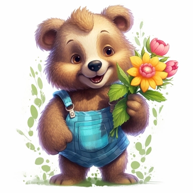 Cute Beautiful bear holding a flower Sublimation Clipart, Cartoon, hyper realistic, intricate detail, illustration style, high solution, on the white background