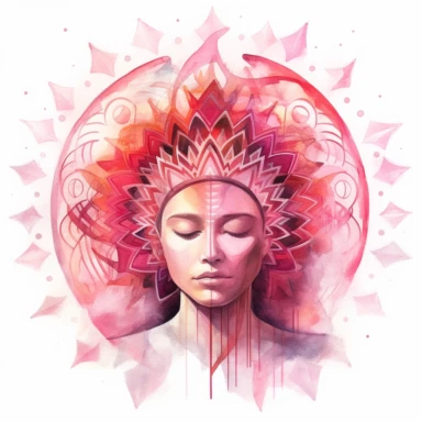 watercolor clipart of man, closed eyes, 3rd eye awakening, intricate sacred geometrical patterns, sparkles, vibrant reds and pinks, on white background