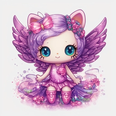 Hello Kitty as a fairy with large purple and pink shimmering wings, Fantasy Clipart, PNG Clipart, Illustration clipart, 4K, extremely detailed