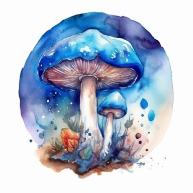 magic blue mushroom watercolor art, dreamy clipart, trippy, occult, circular frame, white background, painterly, colorful